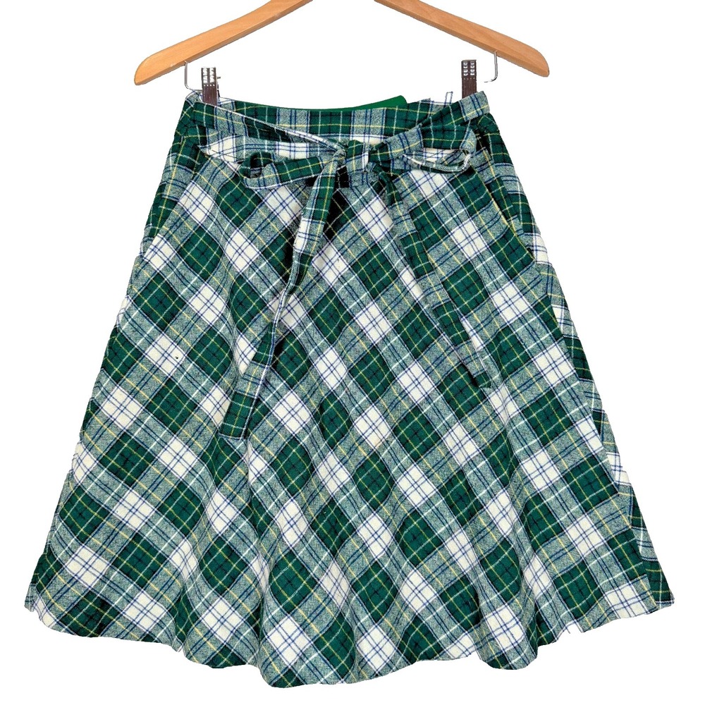 Wool Wrap Skirt Waist 26" Knee Length A-Line Pockets Green White Plaid Hand Made